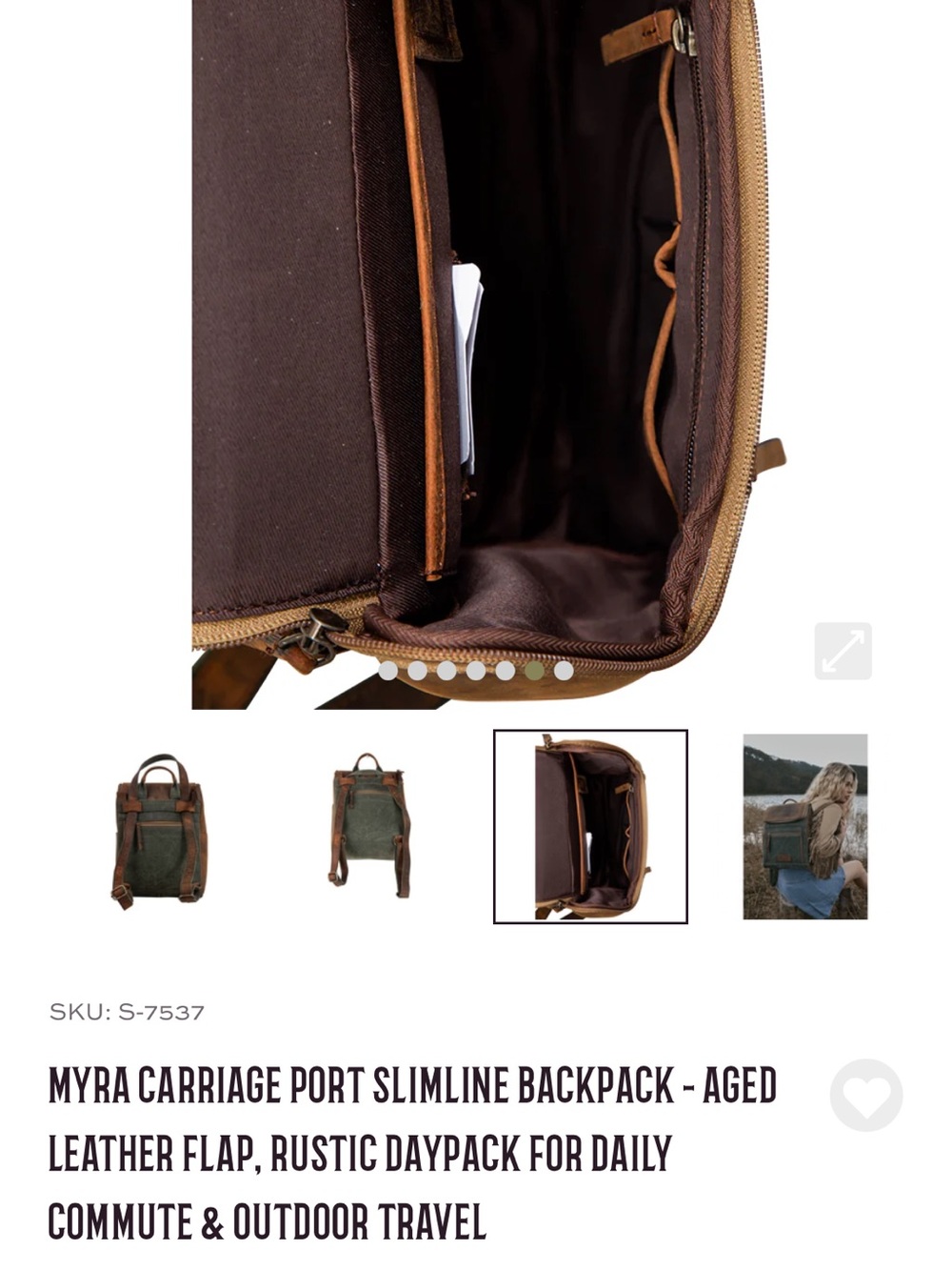 Myra Bag Green Canvas and Brown Leather Trim Backpack - Picture 4 of 6